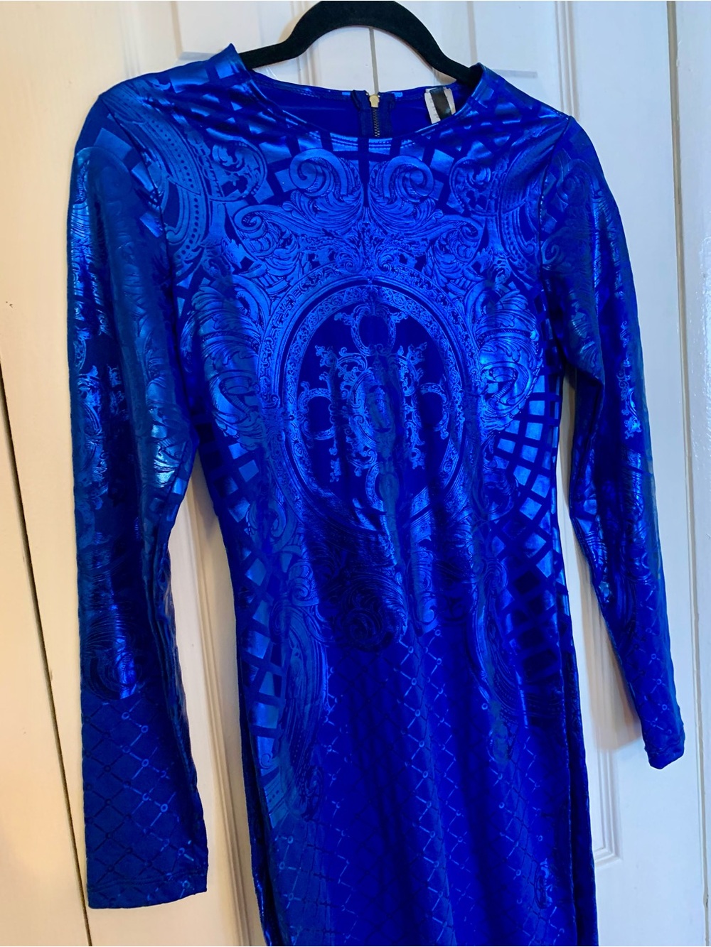 Royal Blue Long Sleeve Metallic Patterned Bodycon Dress